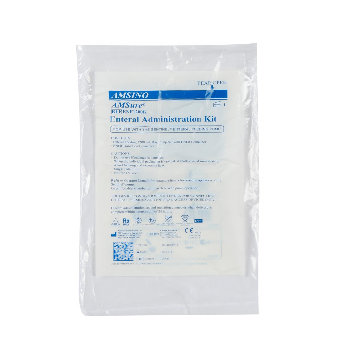 Amsure EnFit Enteral Pump Bag Set w/ Transition Connector1200cc 30ea/cs