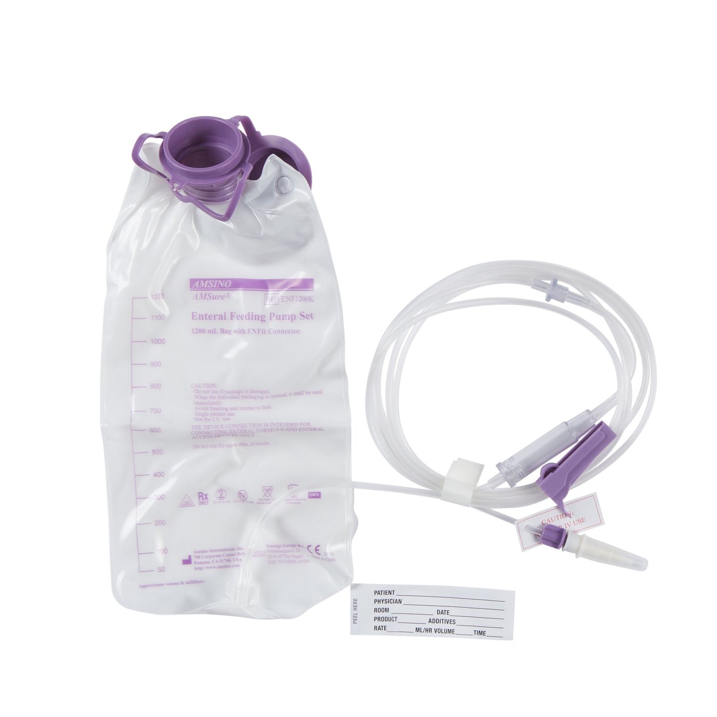Amsure EnFit Enteral Pump Bag Set w/ Transition Connector1200cc 30ea/cs